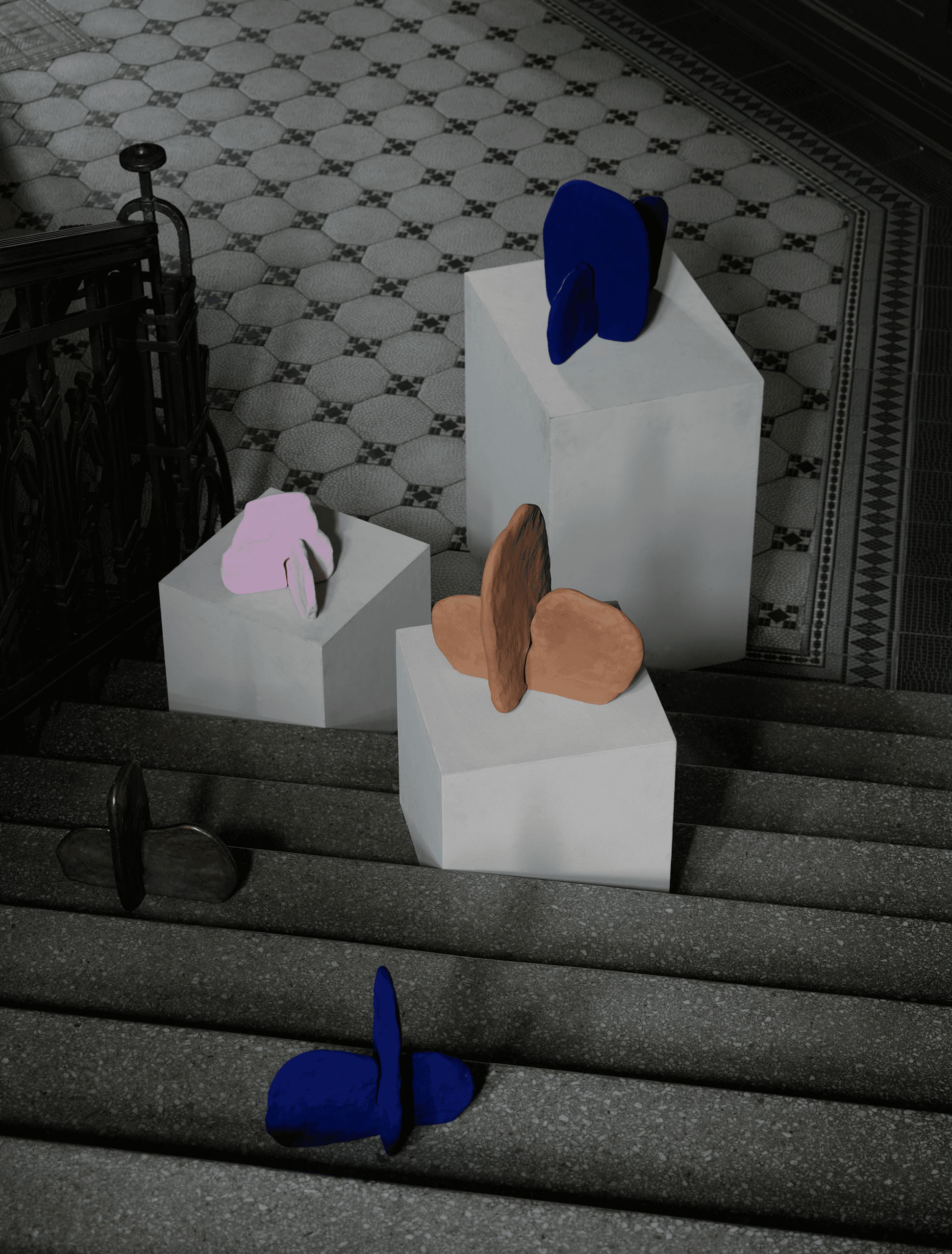 Stunning artwork made in cooperation with Mina Karami, displayed on podiums along a staircase. Styled by Emma Persson Lagerberg and photographed by Petra Bindel